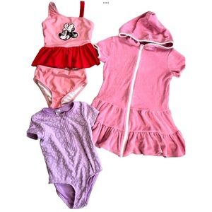 Girls Size 5/6 Swimsuits Bundle Terry Hooded Cover Up Beach Swim Vacation Minnie